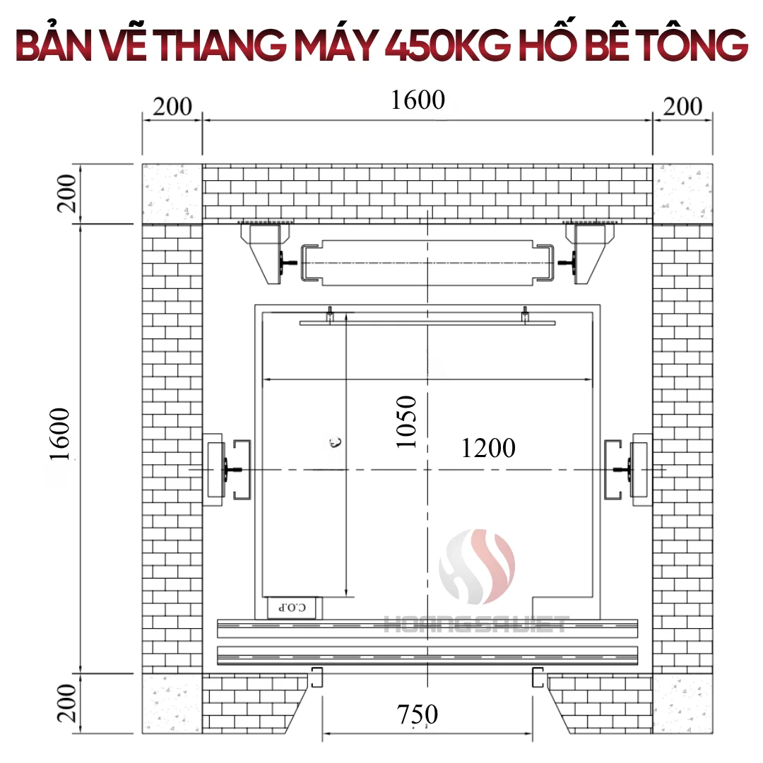 Bản Vẽ Chi Tiết Thang máy 450kg Hố Bê Tông 