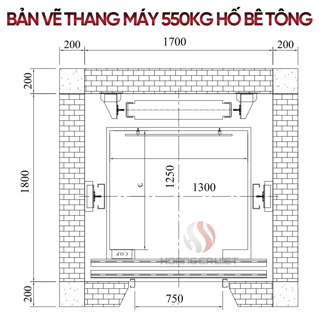 Bản Vẽ Thang Máy 550kg - 630kg Hố Bê Tông 