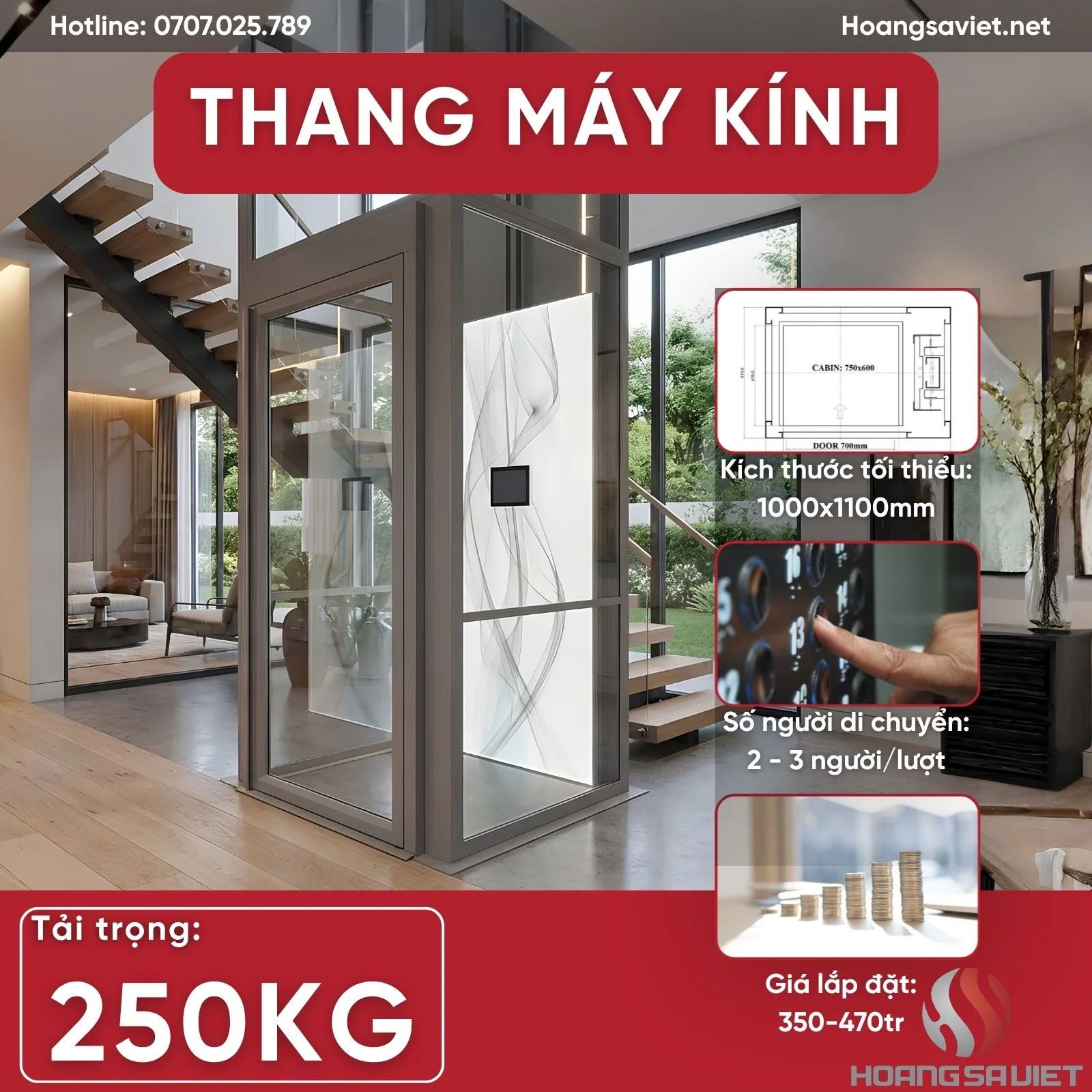 Thang Máy kính trong nhà 250kg Thang Máy kính trong nhà 250kg